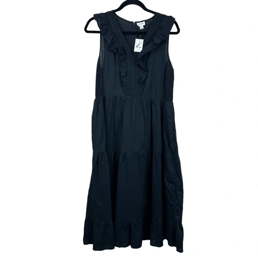 NWT J. Crew V-Neck Smocked Ruffle Tiered Midi Dress Black Sz 14